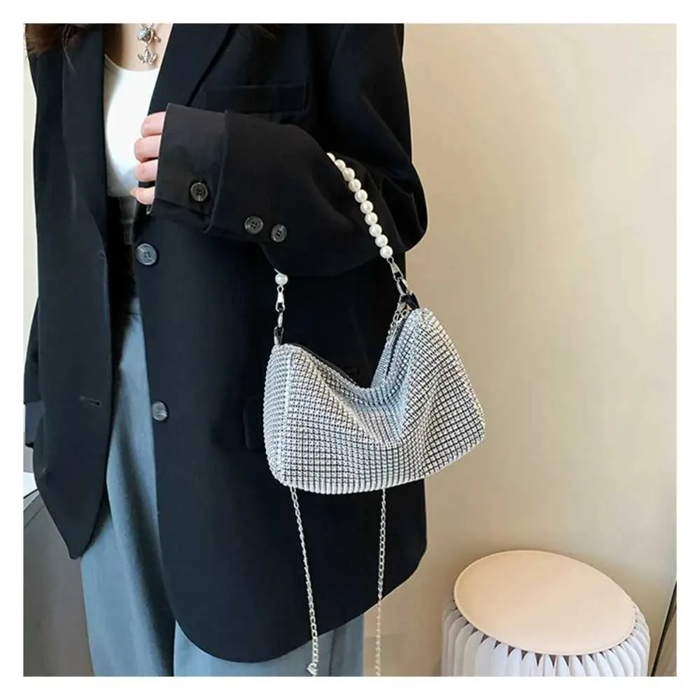 Sac messager à fermeture éclair en métal avec poignée en perles, grande capacité, sac à bandoulière décoratif à diamants brillants pour lui/voyage Y241026_voghion.com