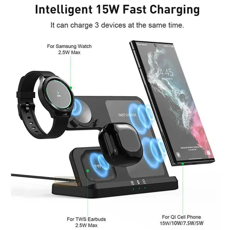 15W 3-in-1 Station Suitable For S23 S22 IPhone 15 14 13 Galaxy Watch 4 3 Earphones 2 Fast Wireless Charger Y241118_voghion.com