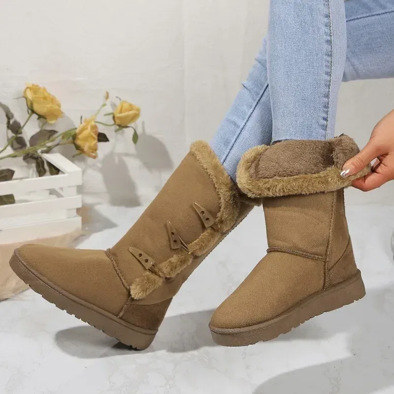 Women Snow Winter Mid-calf Warm Cotton Shoes Fashion Solid Color Button Ladies Brown Long Boots Plus Size 41_voghion.com