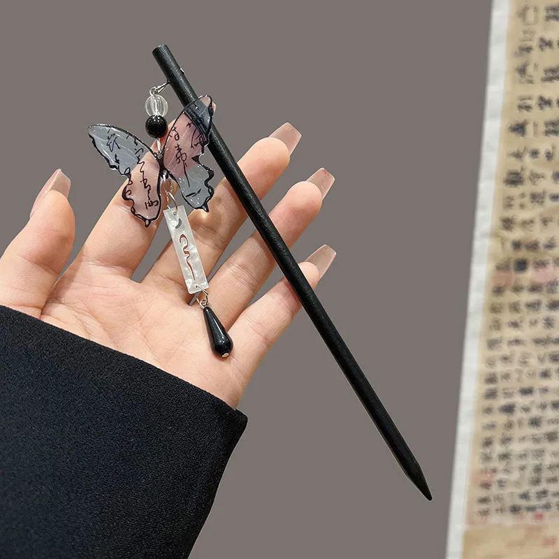 Fermagli per capelli in stile cinese elegante con calligrafia a farfalla e nappa, forcina per capelli, bacchetta, bastoncino, ornamento, copricapo, accessorio_voghion.com