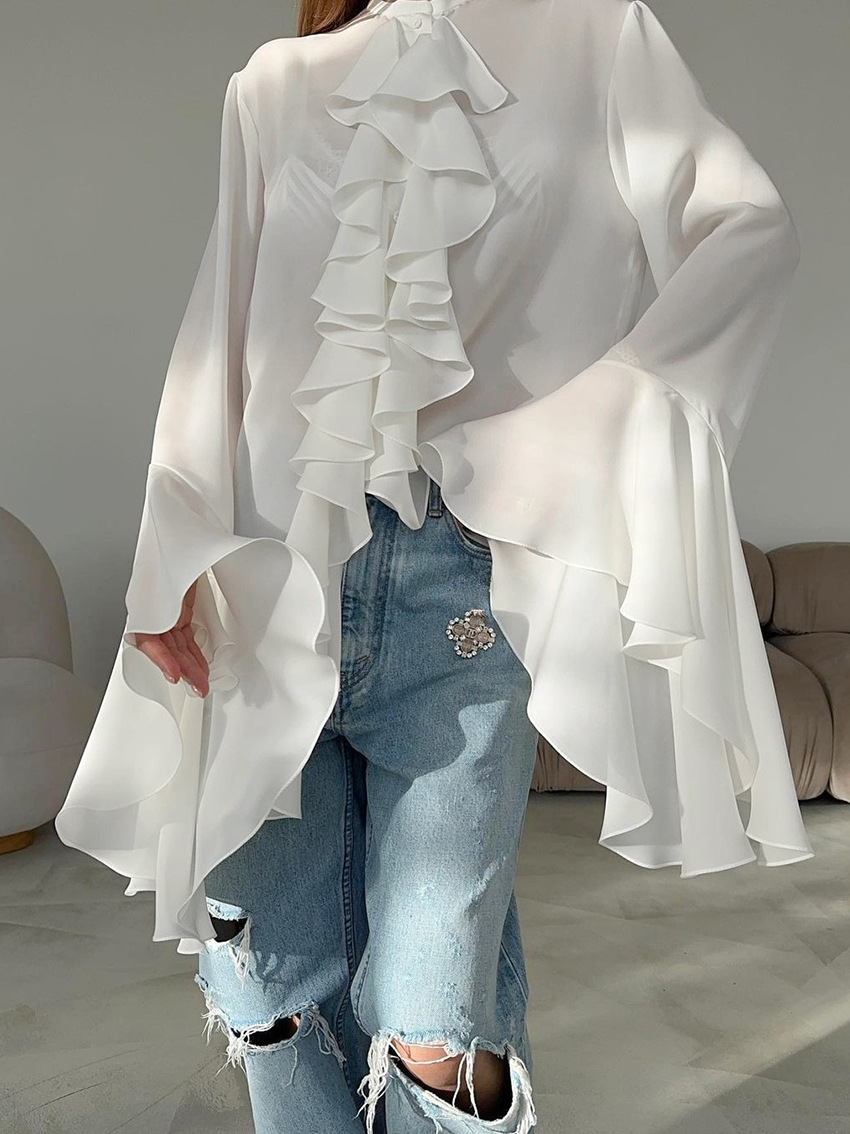 Dametøj Design flæser langærmet skjorte vinter ny stil temperament high-end cardigan top kvinde _voghion.com