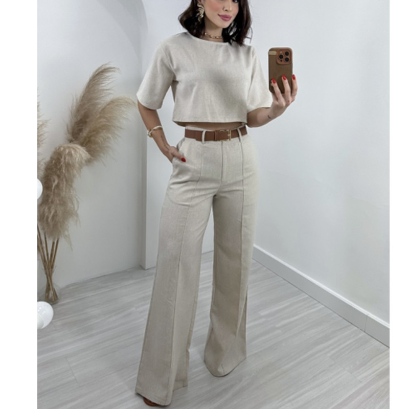 Vêtements pour femmes en coton et lin, hauts courts, taille haute, jambes larges, pantalons de costume pour femmes