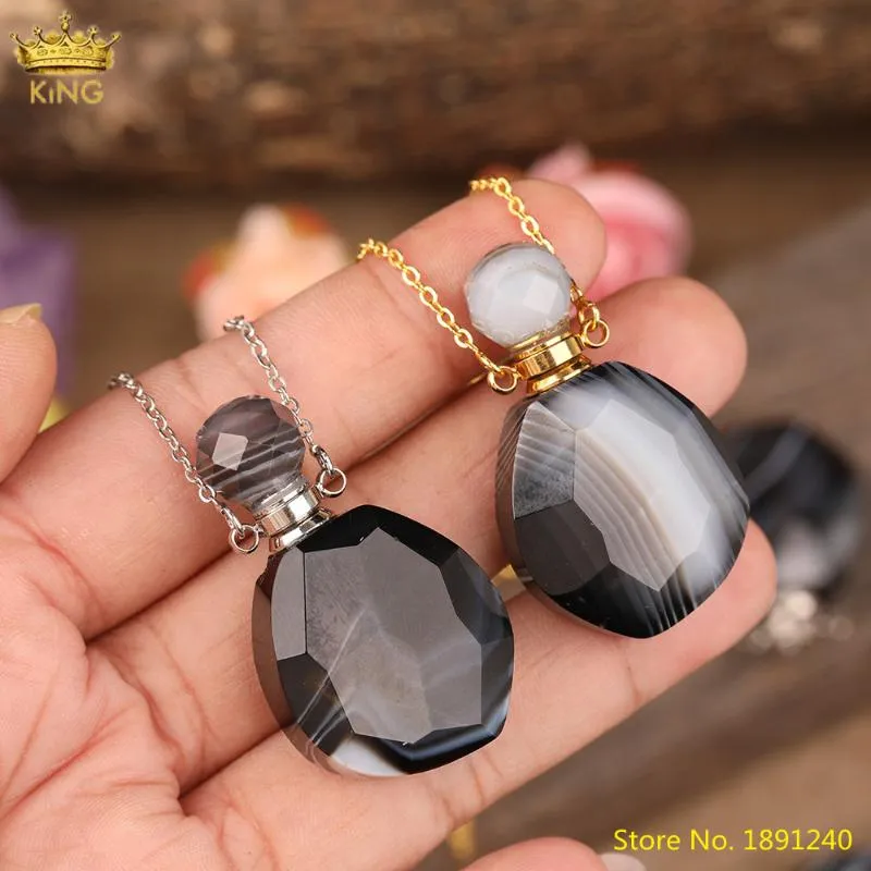 Collares colgantes con piedra de ágata negra natural facetada, botella de perfume para mujer, collar difusor de aceite esencial de ónix dorado_voghion.com