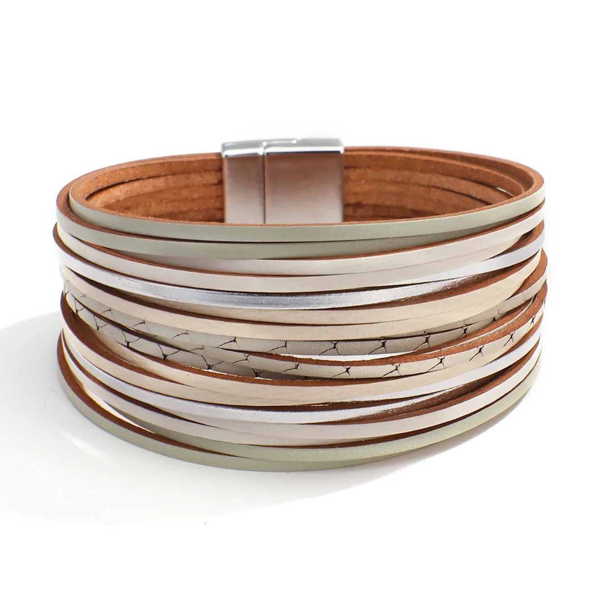 Charm ALLYES Boho Braccialetti in pelle multistrato a strisce sottili per donna Bracciale avvolgente multicolore alla moda Semplice unisex_voghion.com