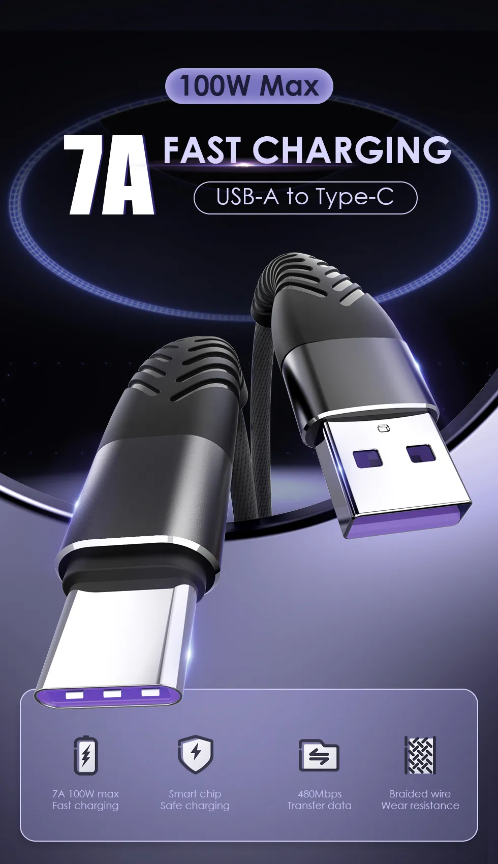 100W 7A Typ C USB Fast Charging For Samsung Xiaomi Huawi Onplus Rdmi Data Wir Mobil Phon Chargr Cord Typ-C_voghion.com