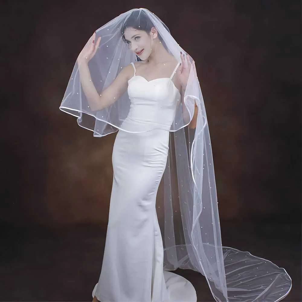 Haarschmuck Perlen Perlen Braut 2 Tier Lange Kathedrale Schleier Band Rand Mit Kamm Drop Stil Brautkleider_voghion.com