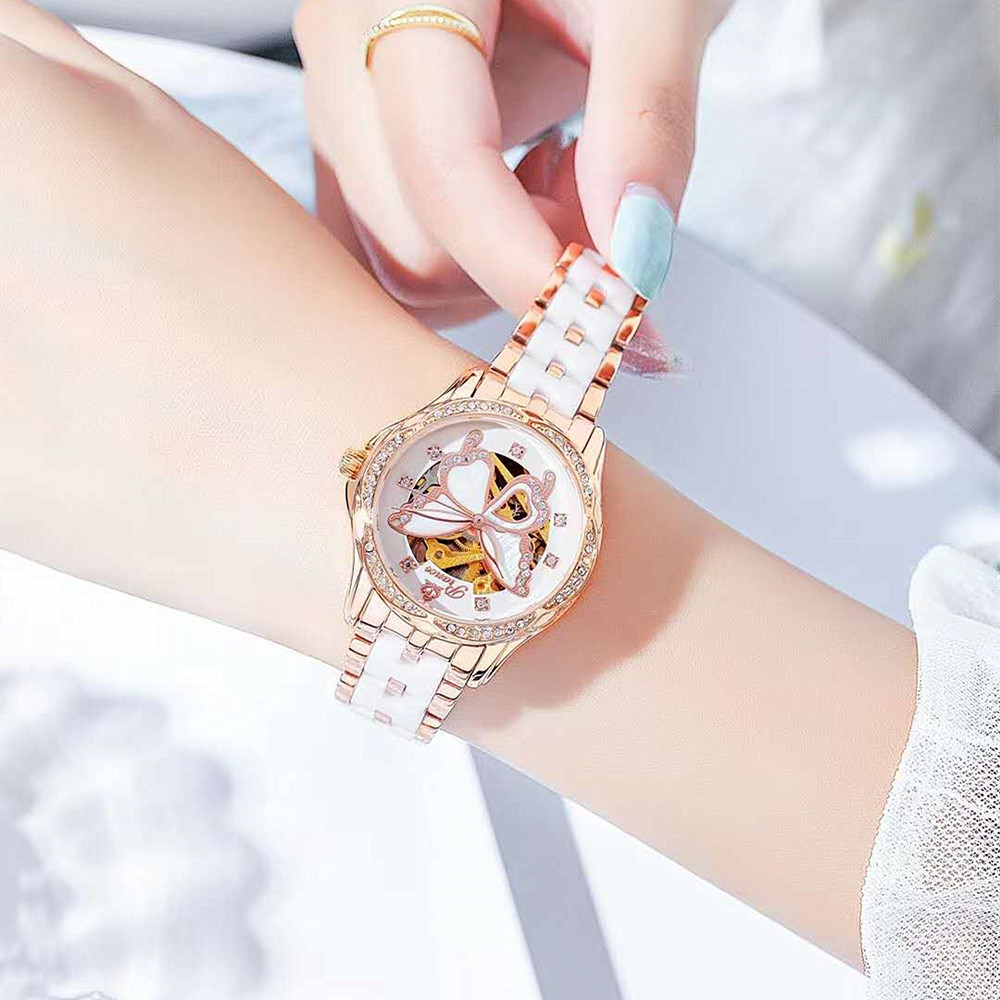 Fasionable Diamant Inlaid New Women's Micro Nigt Glow Vollautomatesch mechanesch Waasserdicht Keramik Wit Fiichtegkeet_voghion.com