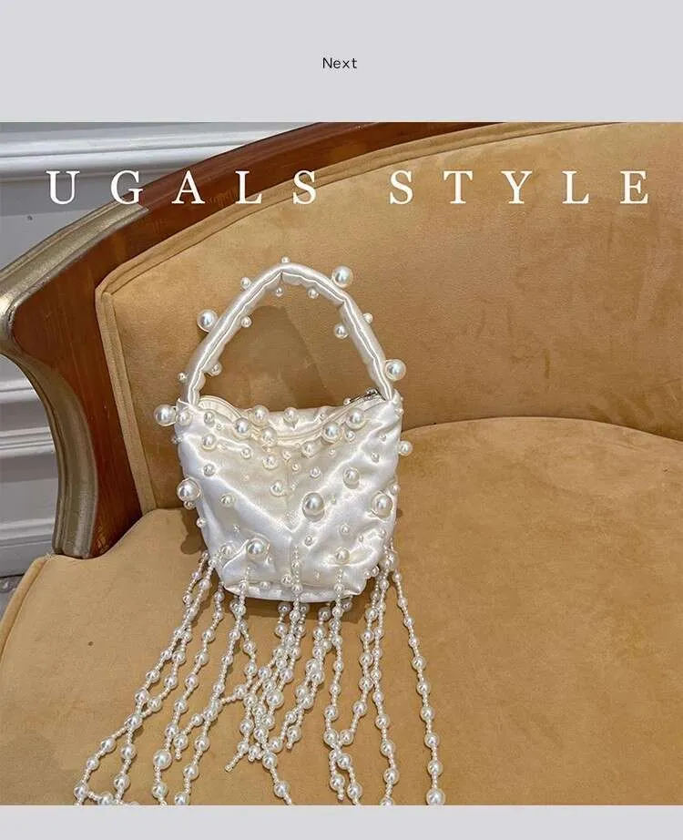 Borsa a mano da donna in raso morbido con perline lucide, con perline e nappe, da sera, per matrimonio, festa, pochette, borsa a tracolla da donna, da strada_voghion.com