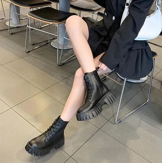 Mit Schnürsenkeln Biker Elegante Medium Heels Kurze Schuhe für Frau Combat Plateau Weiße Booties Schuhe Chunky Wasserdicht_voghion.com