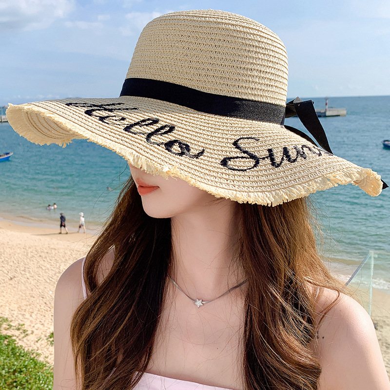 Unisex Summer large embroidered sunblock straw hat women's fashion simple letter bow streamer sun hat sweet sun hat_voghion.com