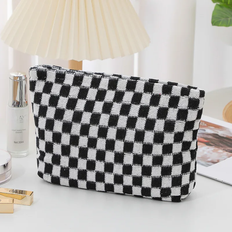 Organizer da viaggio per cosmetici a scacchi, grazioso sacchetto portaoggetti per pennelli da trucco e accessori estetici per donne_voghion.com