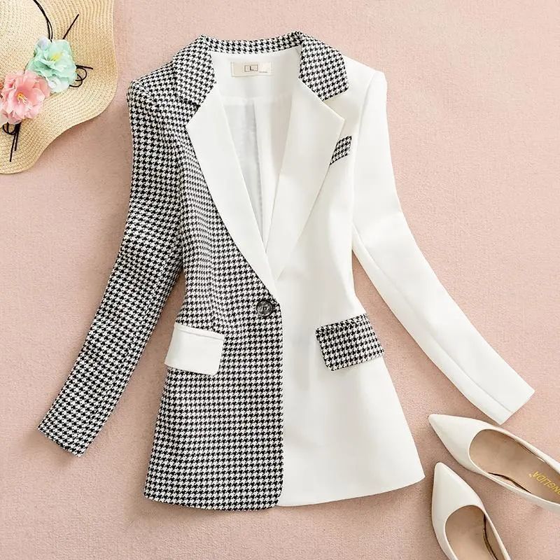 Abbigliamento 2024 Primavera e Autunno Giacca pied de poule bianca Design da donna Temperamento Casual Piccolo abito Top_voghion.com