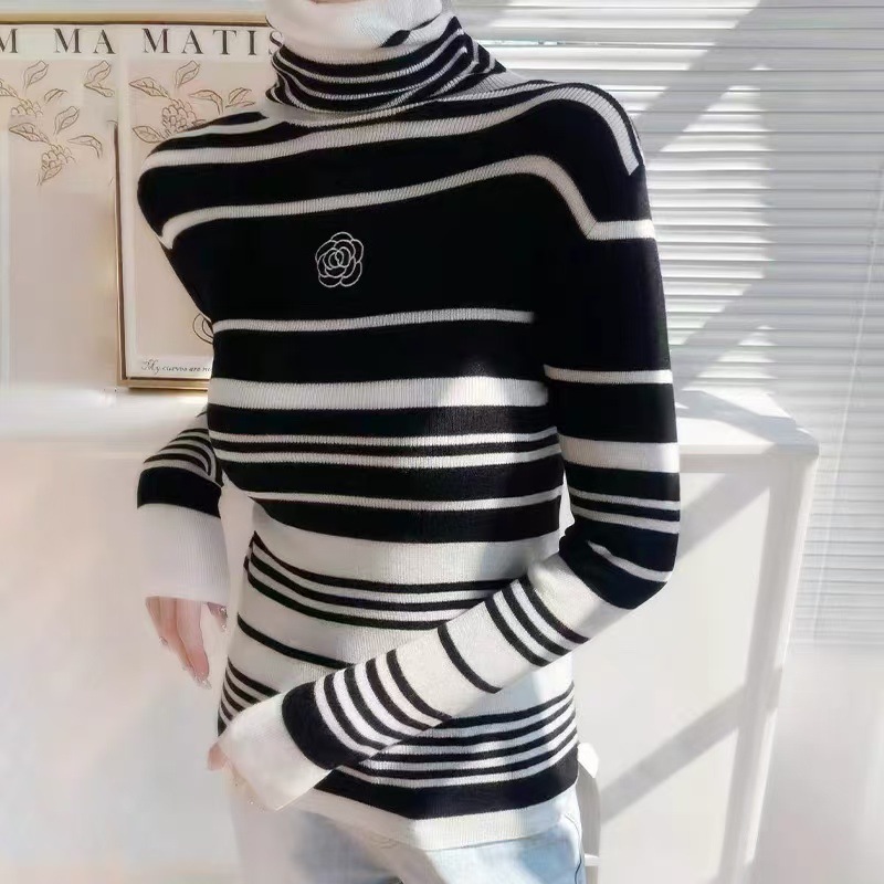 Vêtements pour femmes Broderie Élastique Slim Fit Base Pull Hiver Rayé Couleur Assortie Col Pile Pull