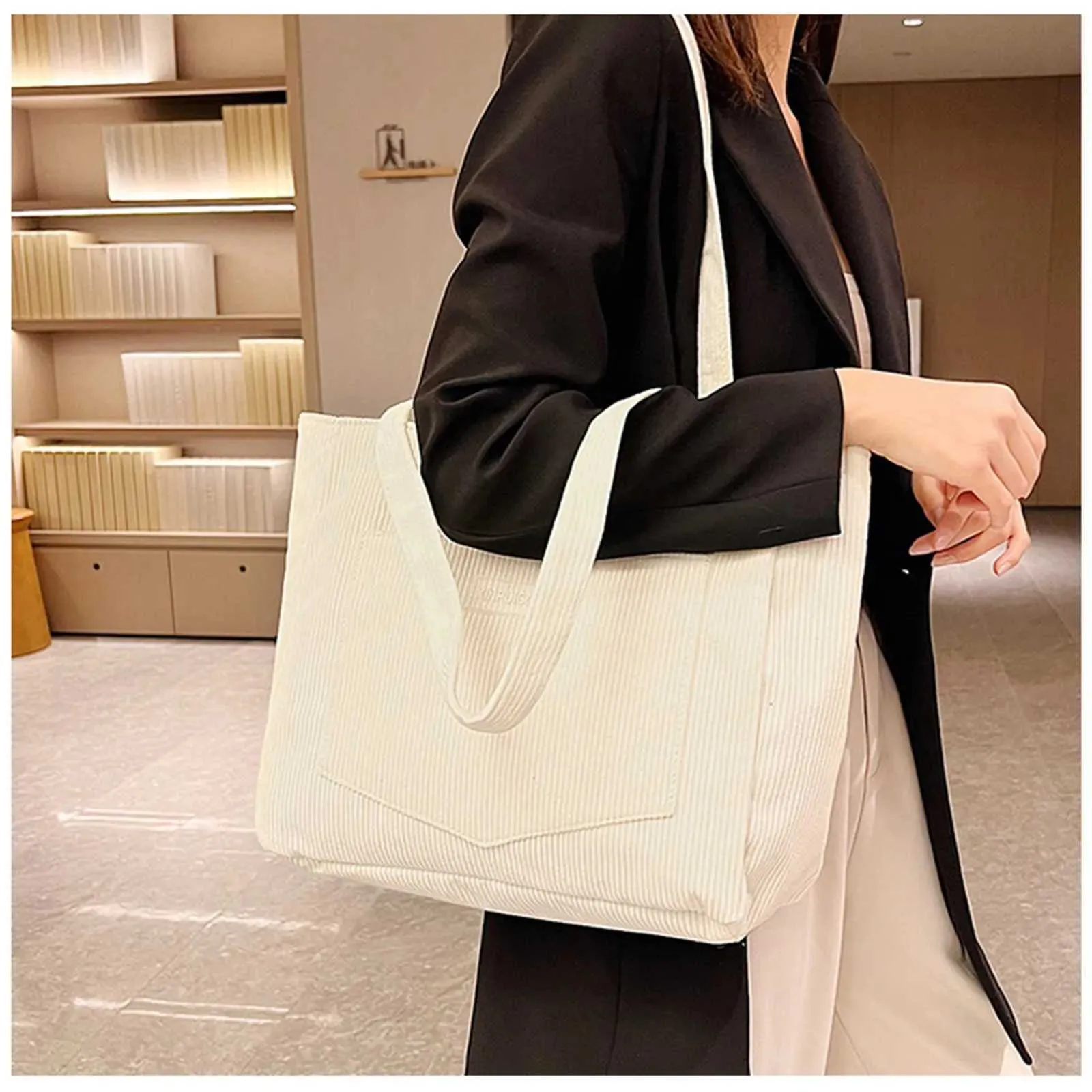 Borsa a tracolla grande, borsa da donna alla moda in velluto a coste tinta unita con tasca frontale, borse firmate, borse da donna, sacC241108_voghion.com