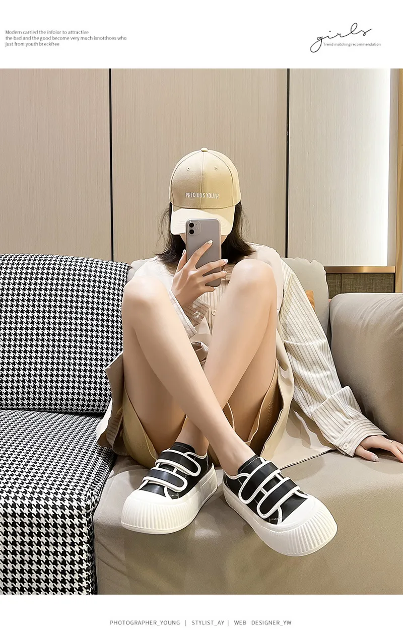 Ugly Cute Velcro Big Head Genuine Leather Thick Sole Biscuit Fashionable And Versatile Casual Women Shoes_voghion.com