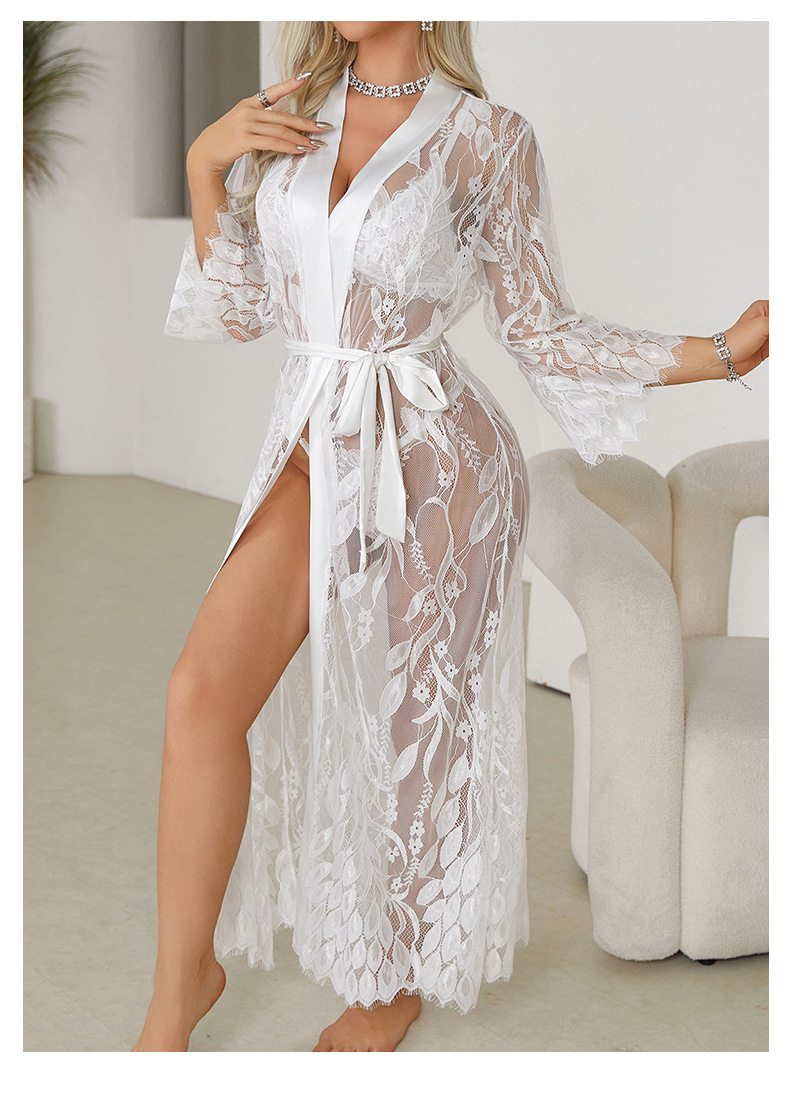 Women's Clothing Women's Nightgown Sexy Lace Stitching Home Clothes Bathrobe Cardigan See Through Pajamas_voghion.com