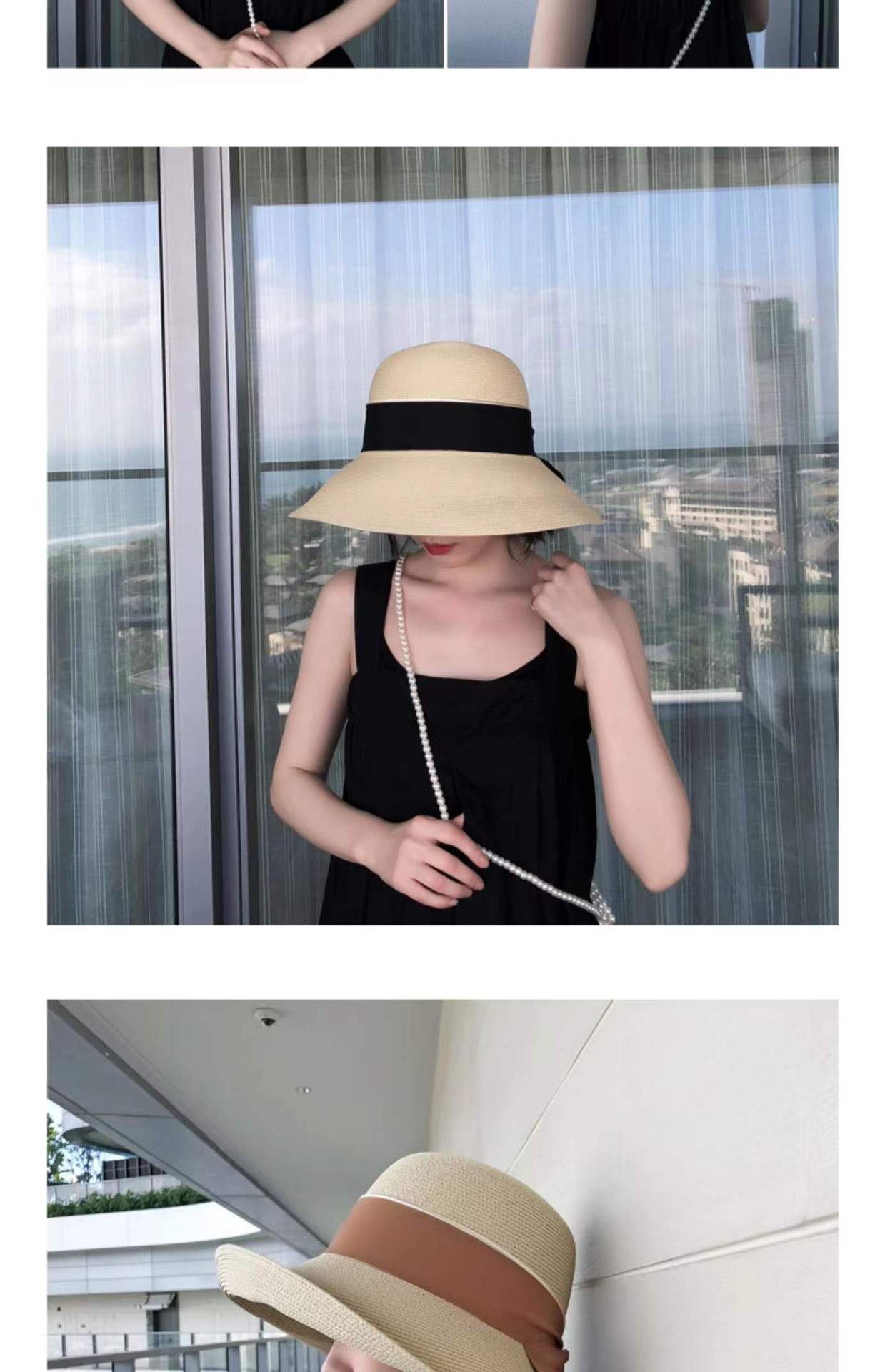 Celebrità di Internet Instagram da donna in paglia, spiaggia pieghevole per l'estate, cappello da sole da pescatore con fiocco per ombreggiatura del viso, cappello da bacino_voghion.com