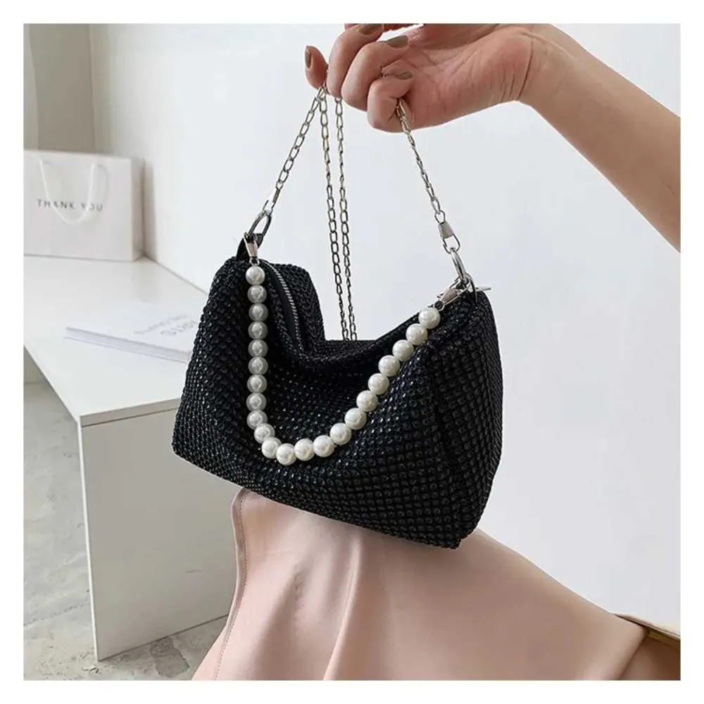 Sac messager à fermeture éclair en métal avec poignée en perles, grande capacité, sac à bandoulière décoratif à diamants brillants pour lui/voyage Y241026_voghion.com