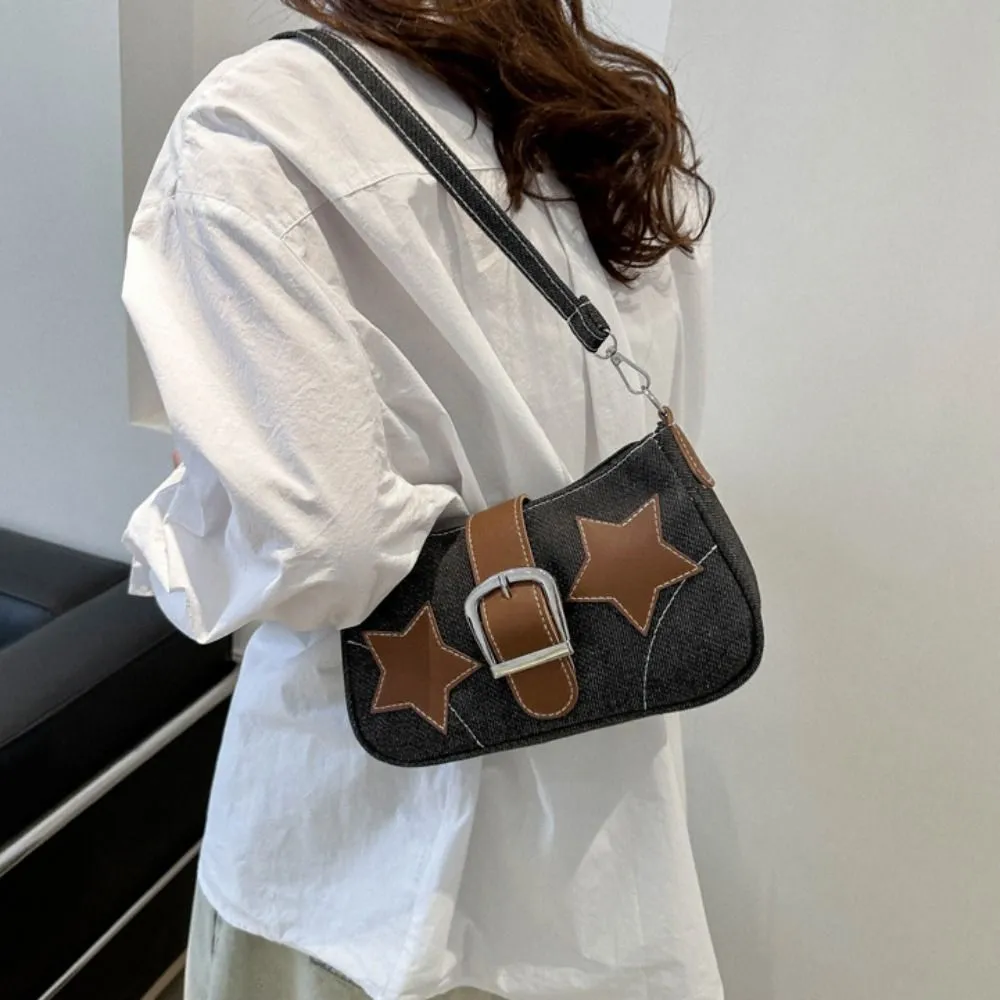 Borsa a tracolla minimalista con cerniera a forma di stella in PU Haruku Y2k, stile coreano, in denim, per ragazze_voghion.com