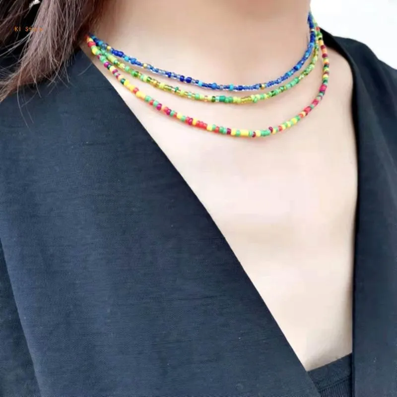Colar de contas coloridas estilo boho joia com corrente_voghion.com