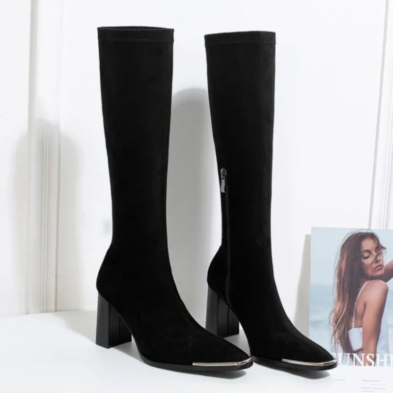 Scarpe da donna con tacco alto e punta quadrata alla moda al ginocchio, con cerniera, stivali lunghi caldi, calzature da ufficio, taglia 34-39_voghion.com
