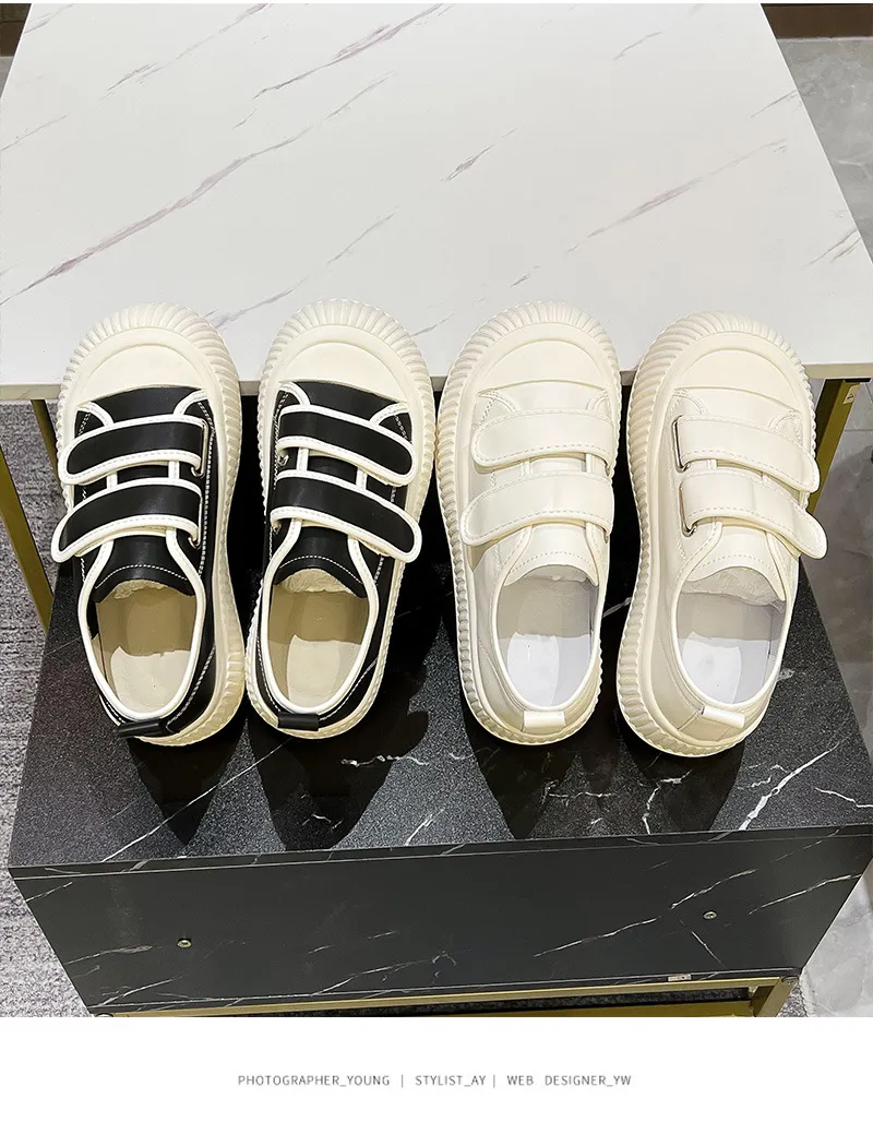 Ugly Cute Velcro Big Head Genuine Leather Thick Sole Biscuit Fashionable And Versatile Casual Women Shoes_voghion.com