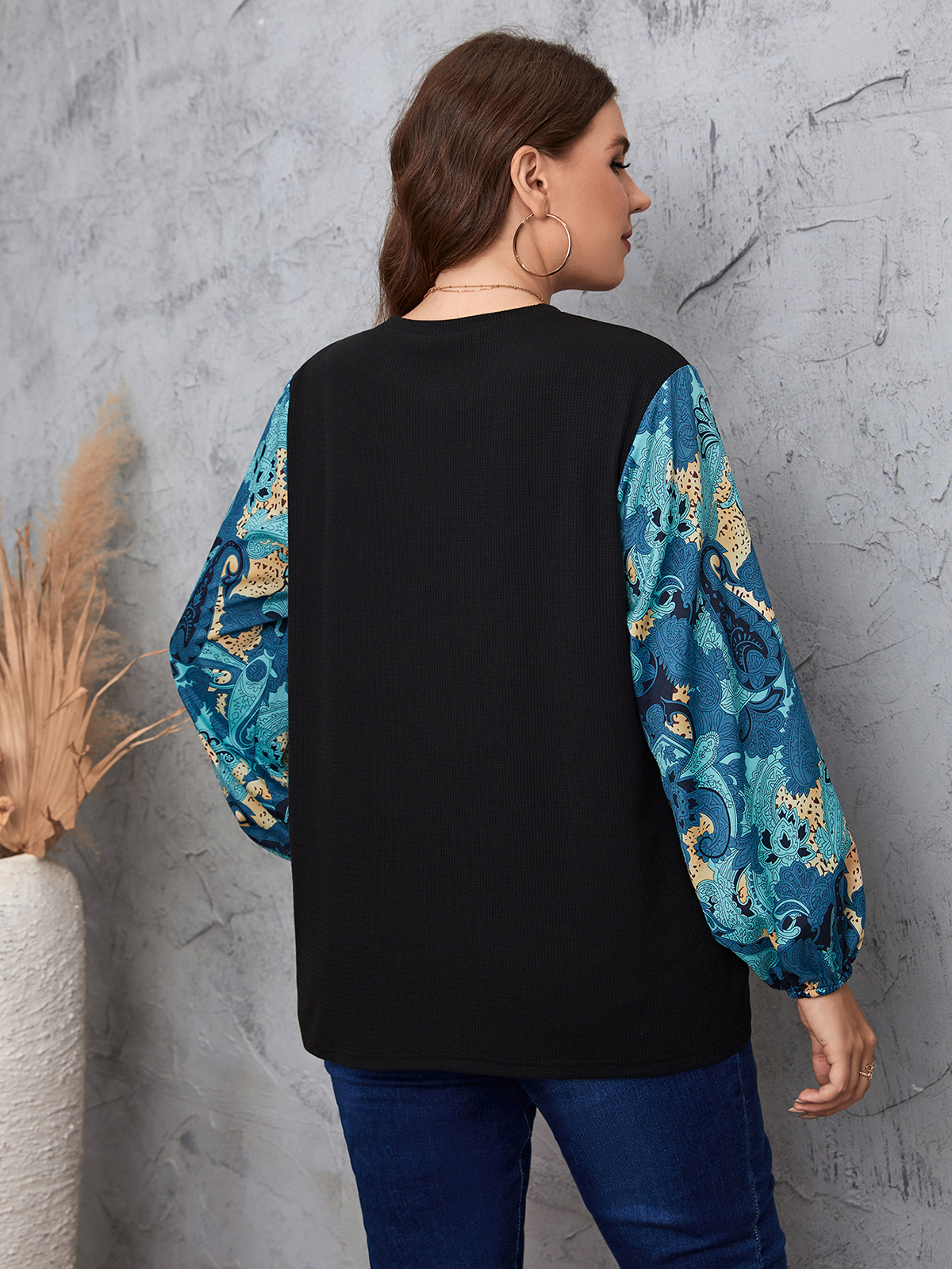 Women's temperament commuting color matching plant lantern sleeve round neck large size shirt_voghion.com