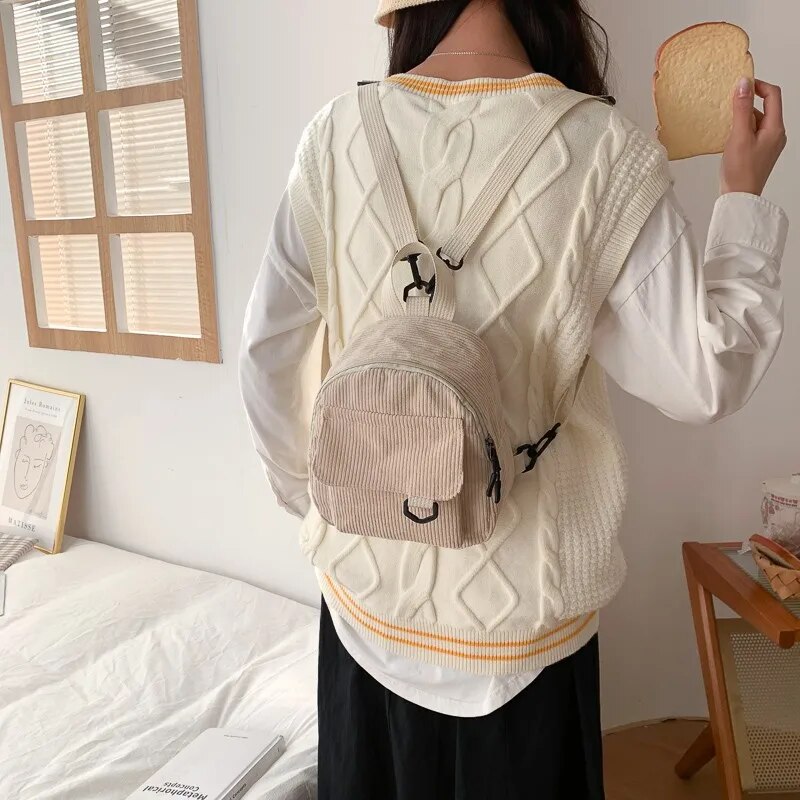 Mode Frauen Mini Rucksack Einfarbig Cord Kleine Rucksäcke Einfach Casual Student Bookbags Reisen Rucksäcke 2022_voghion.com