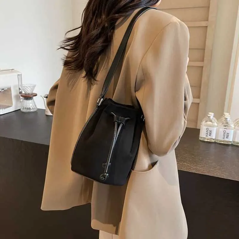 Suede Drstring Small Shoulder Bag Dark BrownC241217_voghion.com