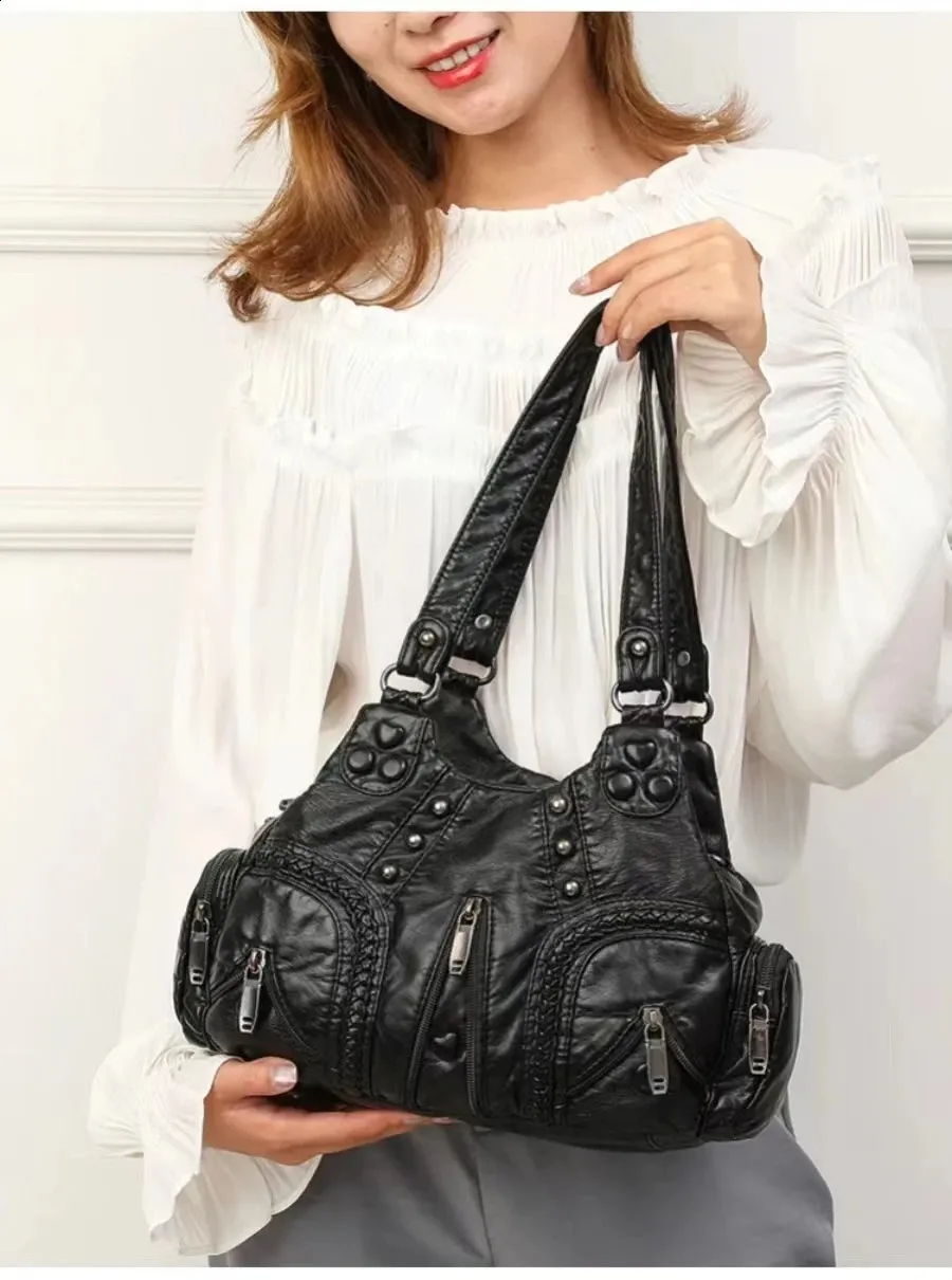 Y2K Donna Vintage Punk Spalla Goth Moda Grande Capacità Borsa Tote Morbida Pelle PU Borsa Rivetto Moto Crossbody_voghion.com