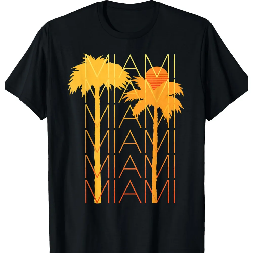 T-shirt voor heren, coole retrostijl, MIAMI-herhaling met palmbomen - Miami grafische T-shirt, casual tops, kleding, korte mouwen, cool_voghion.com