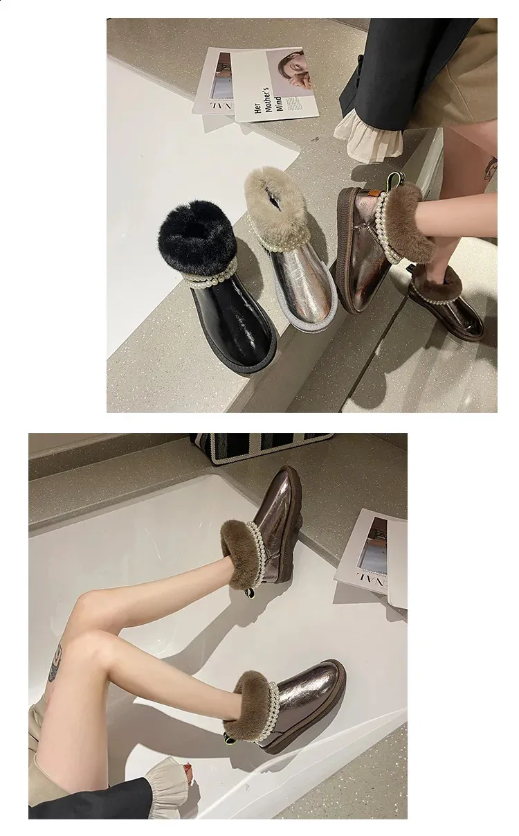Bead Fur Snow Patent Leather Warm Wrinkle Student botte Womens Sliding Thick Bottom Wool Winter Boots Women 240904_voghion.com