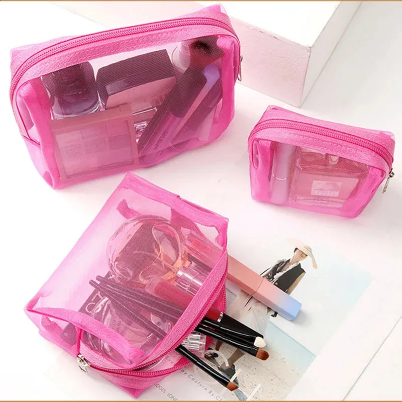 3 Teile/satz Reise Rose Mesh Kosmetische Reißverschluss Für Frauen Waschen Kulturbeutel Make-Up Organizer Tragbare Aufbewahrungstasche 240730_voghion.com