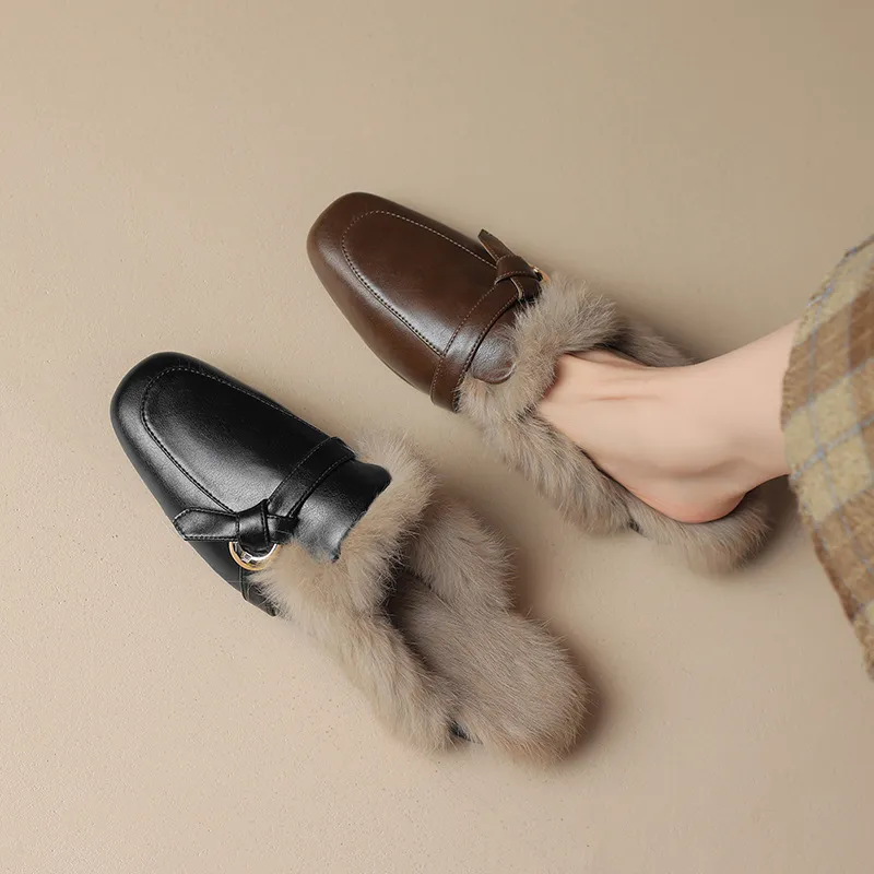 Women's Fleece Slippers: Cozy Square Toe Flats For 2024 Winter, Black/Brown Bcba_voghion.com