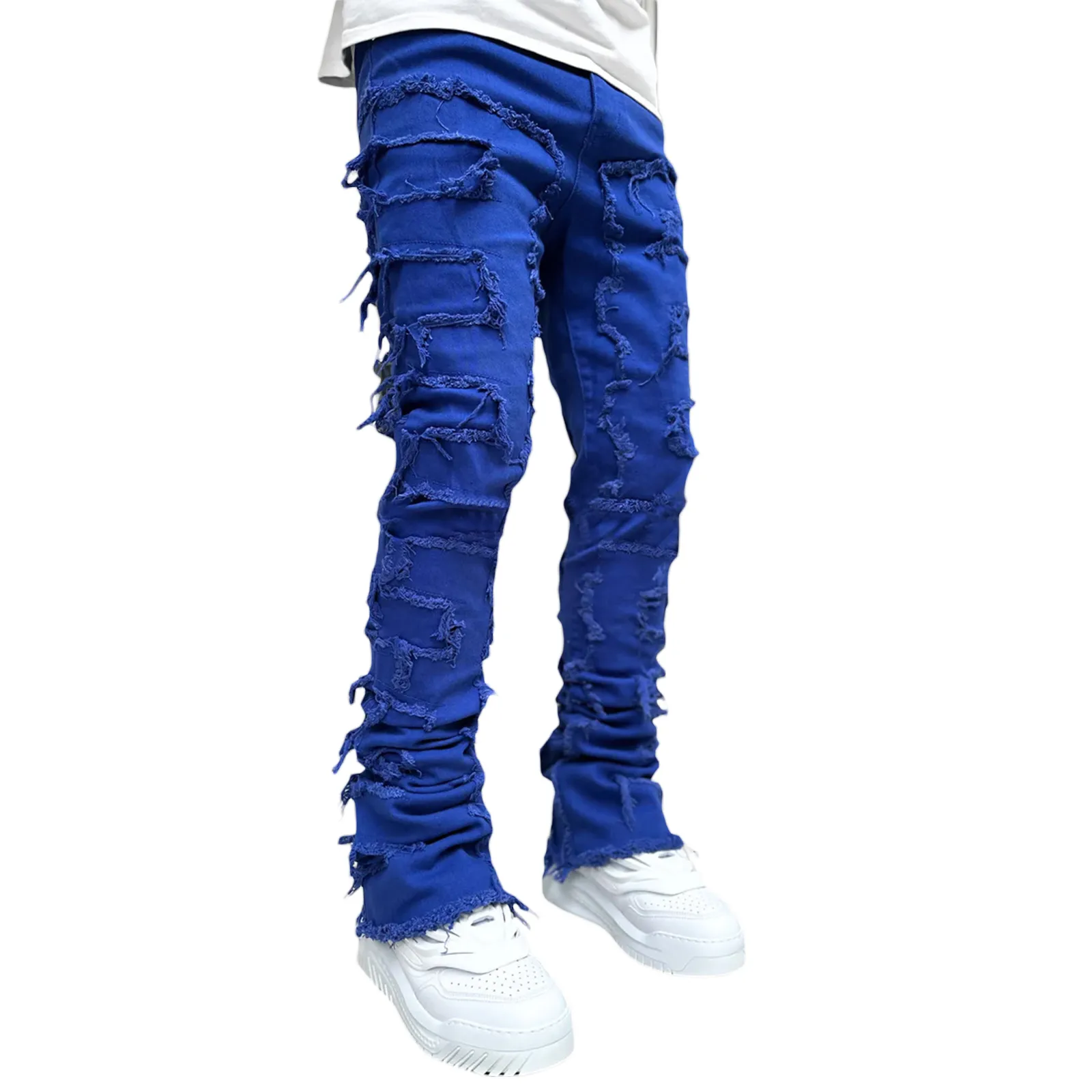 Men's Jeans Regular Fit Stacked Patch Distressed Destroyed Straight Denim Pants Streetwear Clothes Casual Jean_mkmklike.com