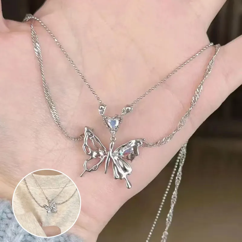 Collier avec pendentif en forme de cœur et de papillon en cristal de couleur argent pour femme, chaîne de clavicule à double couche, tendance et tendance_voghion.com