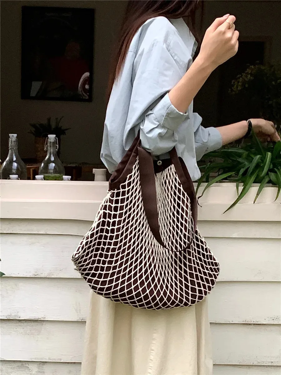 Borsa a rete intrecciata alla moda per donna, borsa a tracolla casual da donna, grande capacità, grande tote bolsa 240823_voghion.com