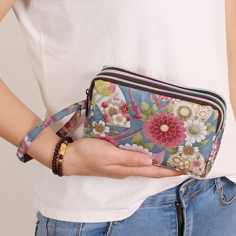3 Zipper Women Waterproof Cell Pouch Handbag Wristlet Women'S Fabric Coin Purse Mobile Wallet Clutch Bag_voghion.com