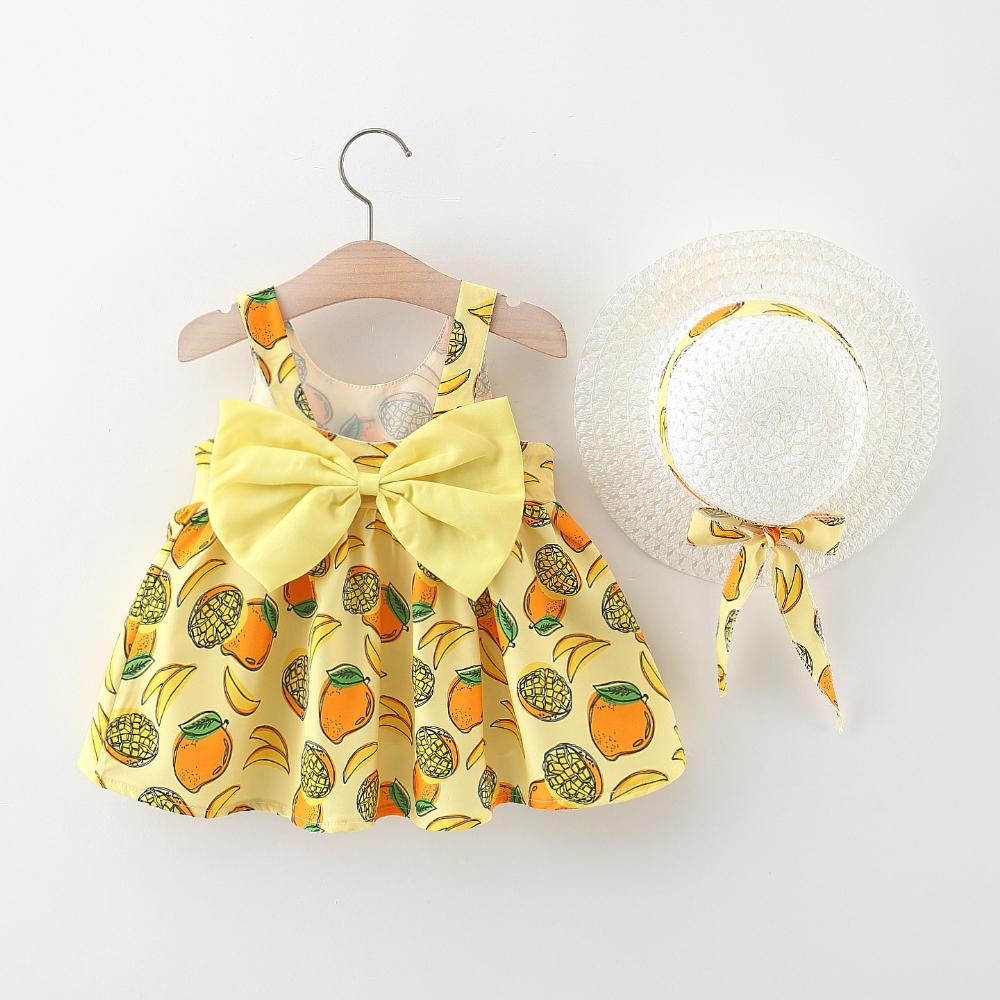 Baby Girl Summer Dress Mango Fruits Printed Bow Tank Dress Tropical Hawaiian Beach Style Dress Send Hat_voghion.com