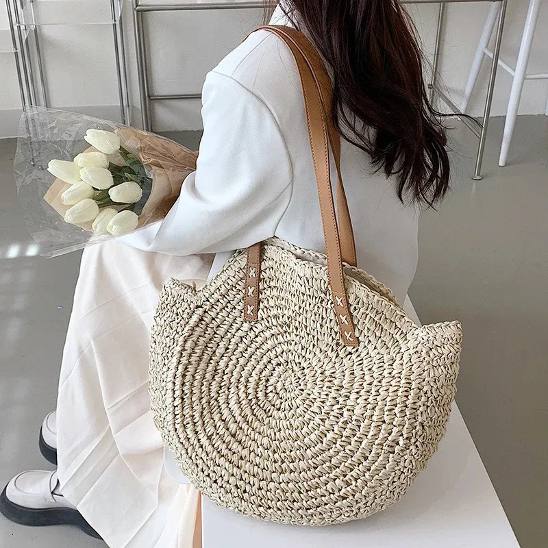 Damen Stroh Schultertasche Für Den Strand Große Handtasche_voghion.com