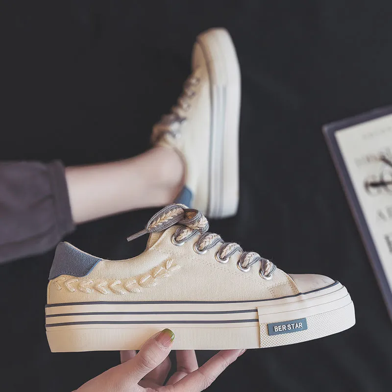 Thick Soled Round Toe Dissoed Sole Canvas Wheat Ear Slack Casual Fashion Comfortable Breathable Board Shoes_voghion.com