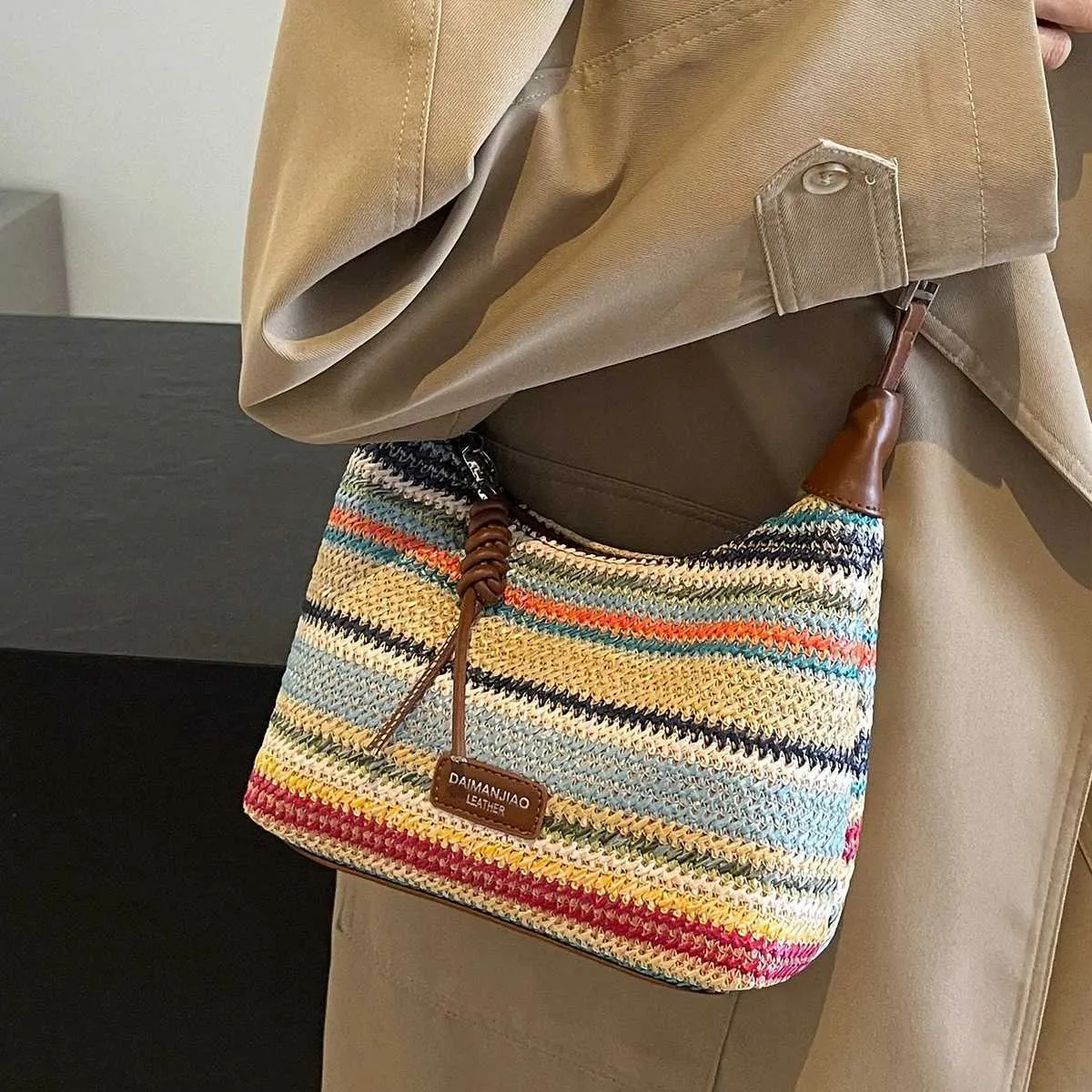 Borse da donna in tessuto testurizzato, borse a tracolla con colori a contrasto, grande capacità, versatili, per spostamenti ascellari_voghion.com