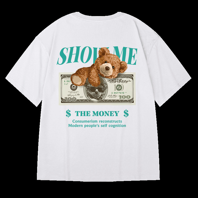 Oversized kort T-shirt til mænd, bjørn, løs pasform hiphop Instagram, trendy par, personlig halværmet trend_voghion.com