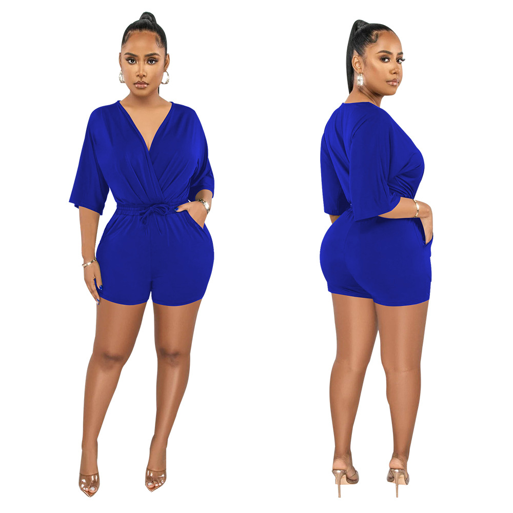 Women's V-neck Jumpsuit Solid Colour Waist Casual Short Romper_voghion.com