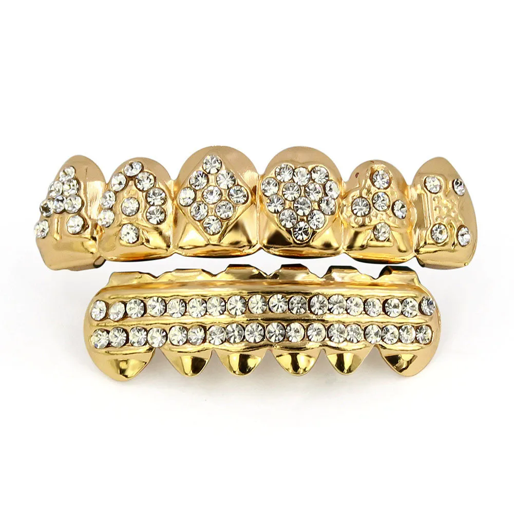Echtes Gold Vampirzähne Fang Grillz Punk Hip Hop CZ Cubic Zirkon Poker Buchstaben Iced Out Dia Grills Zahnspangen Zahnkappe_voghion.com