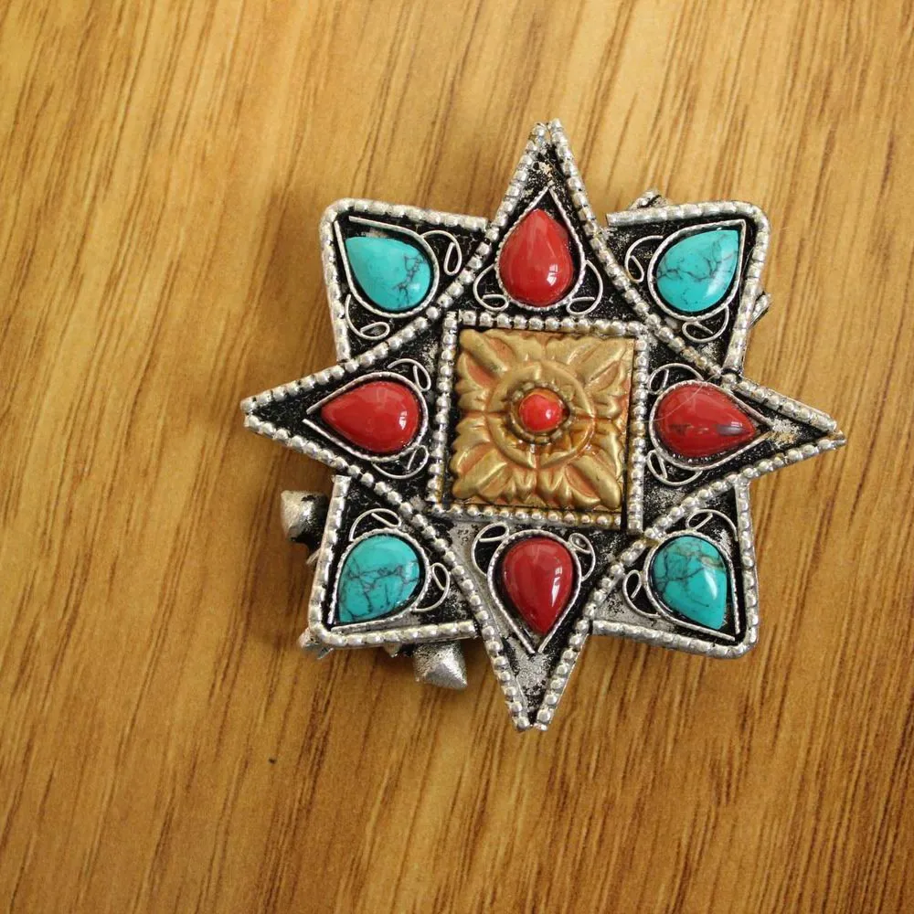 Collane con ciondolo PN009 Tibetano Argento Pietra colorata Anticato Stella Scatola di preghiera Collana Etnica Tibet Gau Amuleto Fatto a mano_voghion.com
