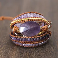 Braccialetti avvolgenti a 5 fili con ciondolo in cristallo di quarzo con pietre naturali, fatti a mano, in pelle, stile boho, da donna, 230814_voghion.com