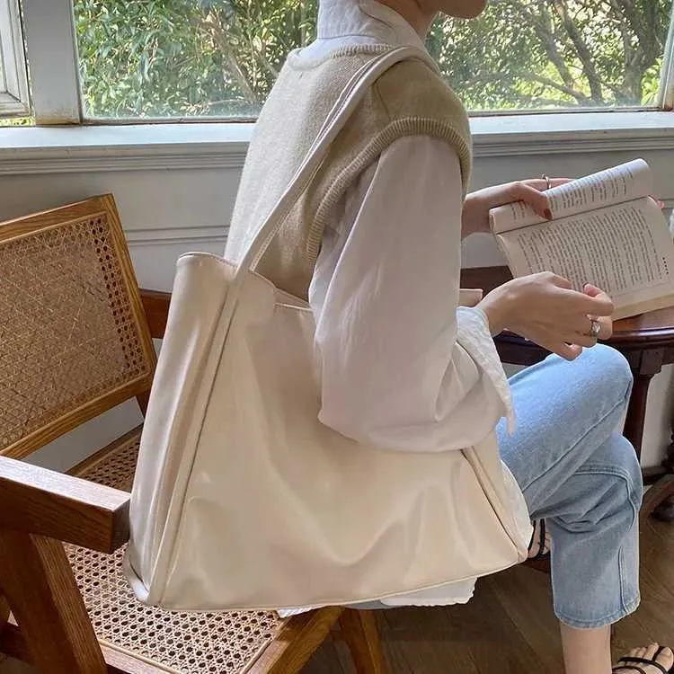 Sac à bandoulière en cuir PU souple pour femme, grande capacité, style rétro, couleur unie, pochette sous les bras_voghion.com
