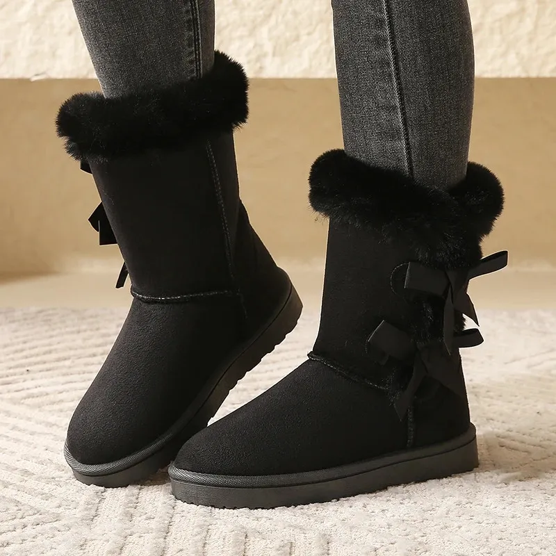 Botas femininas de camurça fofa neve fofa borboleta bico redondo quente outono sola grossa plataforma sapatos de algodão 241007_voghion.com