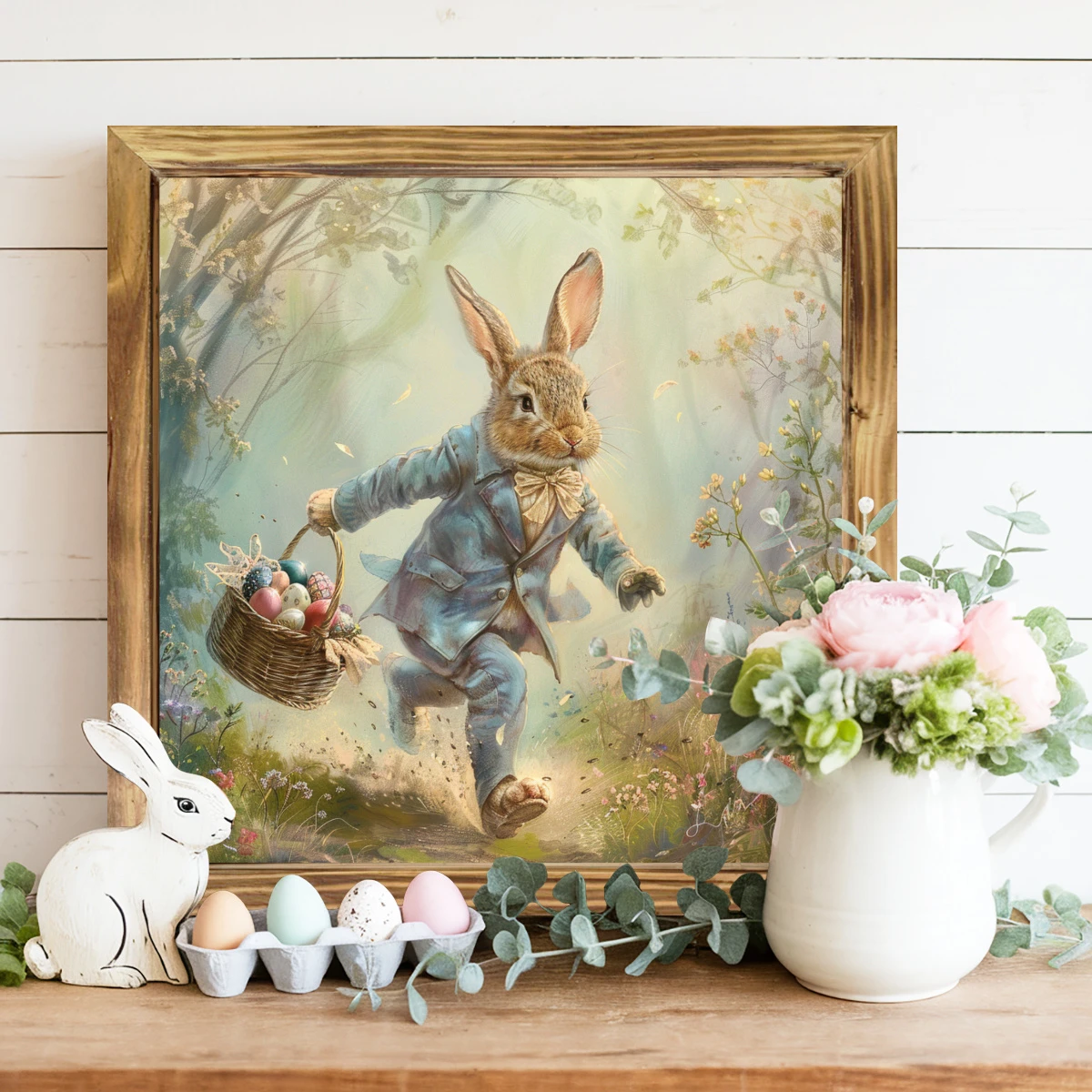 Rustic Rabbit & Eggs Wooden Sign - 8x8" Farmhouse Wall Decor. Charming Easter Accent For Bedroom, Kitchen Or Bathroom_voghion.com